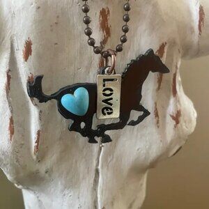 Rustic Horse Necklace with Love Tag Charm and Turquoise Heart Copper NWT